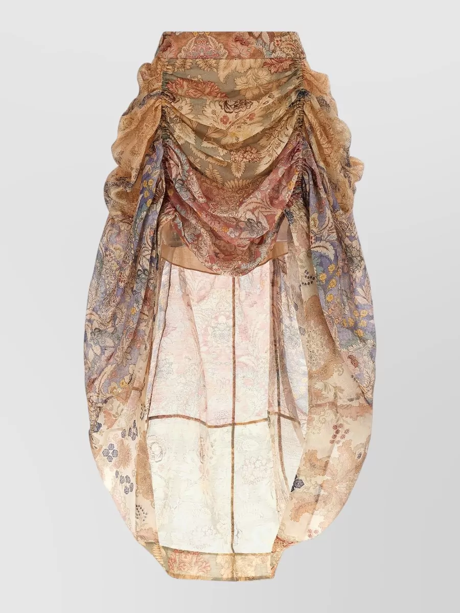 Zimmermann Silk Linen Draped Asymmetric Floral-Print Midi Skirt