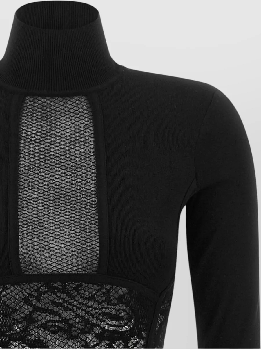 Elisabetta Franchi Ribbed Turtleneck Lace-Panel Midi Dress