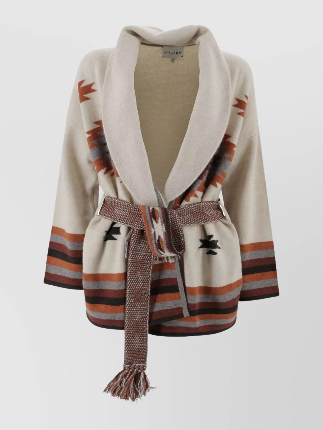 Kujten Belted Geometric Knitwear Shawl Collar