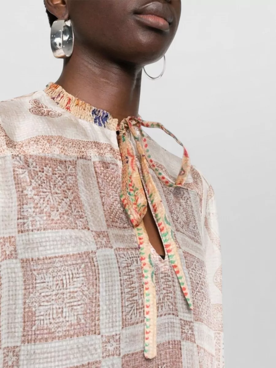 Pierre Louise Mascia Silk Semi-Sheer Printed Ruched Pussy-Bow Long-Sleeve Asymmetric Blouse