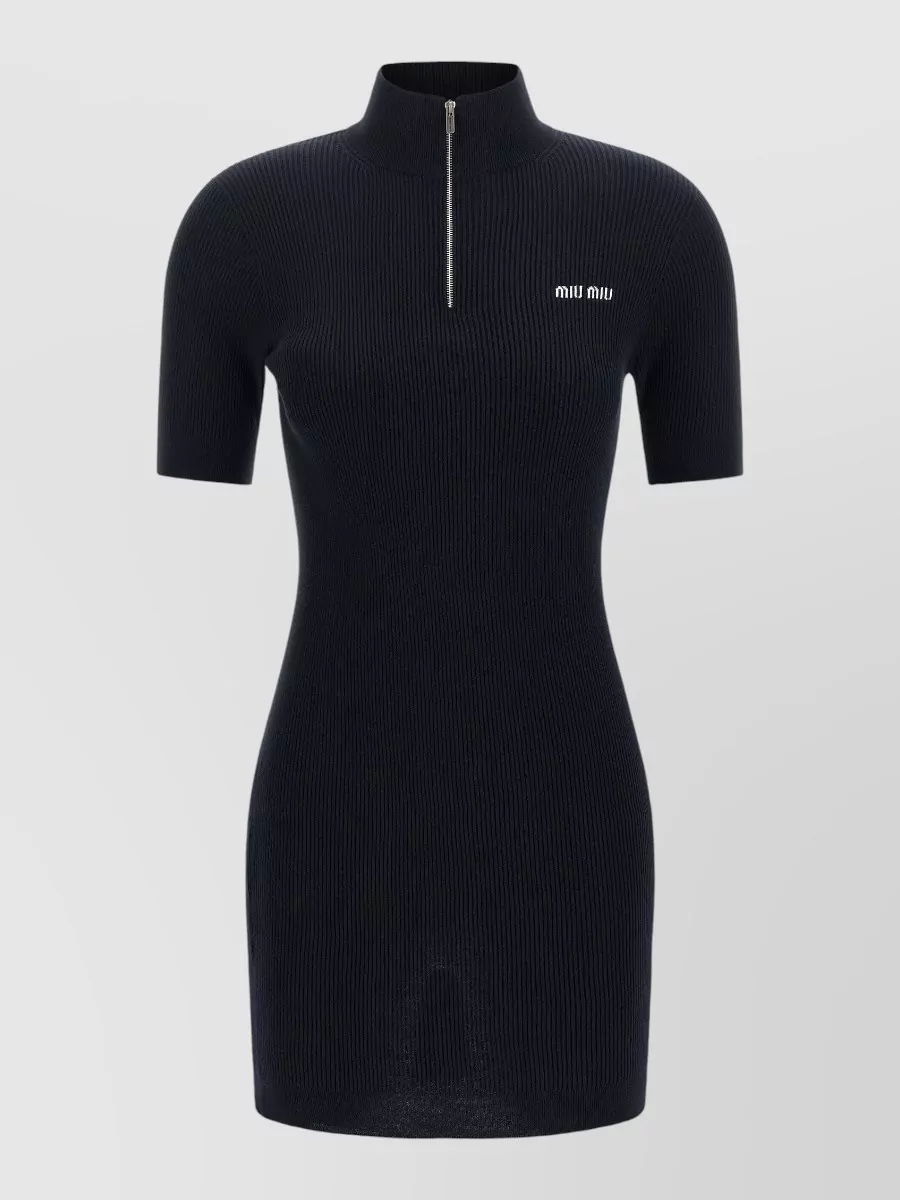 Miu Miu cotton ribbed high neck short sleeve mini dress