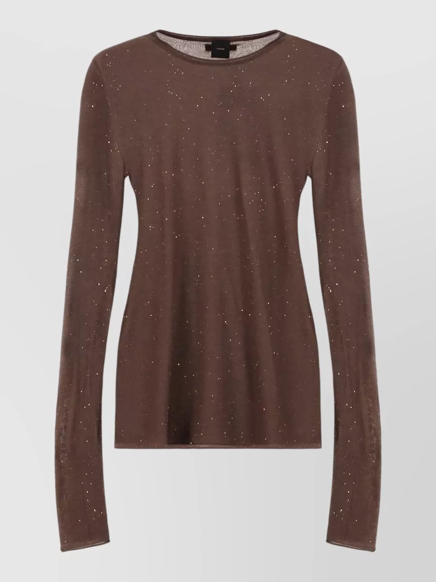 Pinko Ribbed sequin-embellished jumper — The slim chocolate knit with subtle sparkle sits neatly under the bomber, echoing its tone while adding a refined texture contrast that still feels relaxed and off duty.