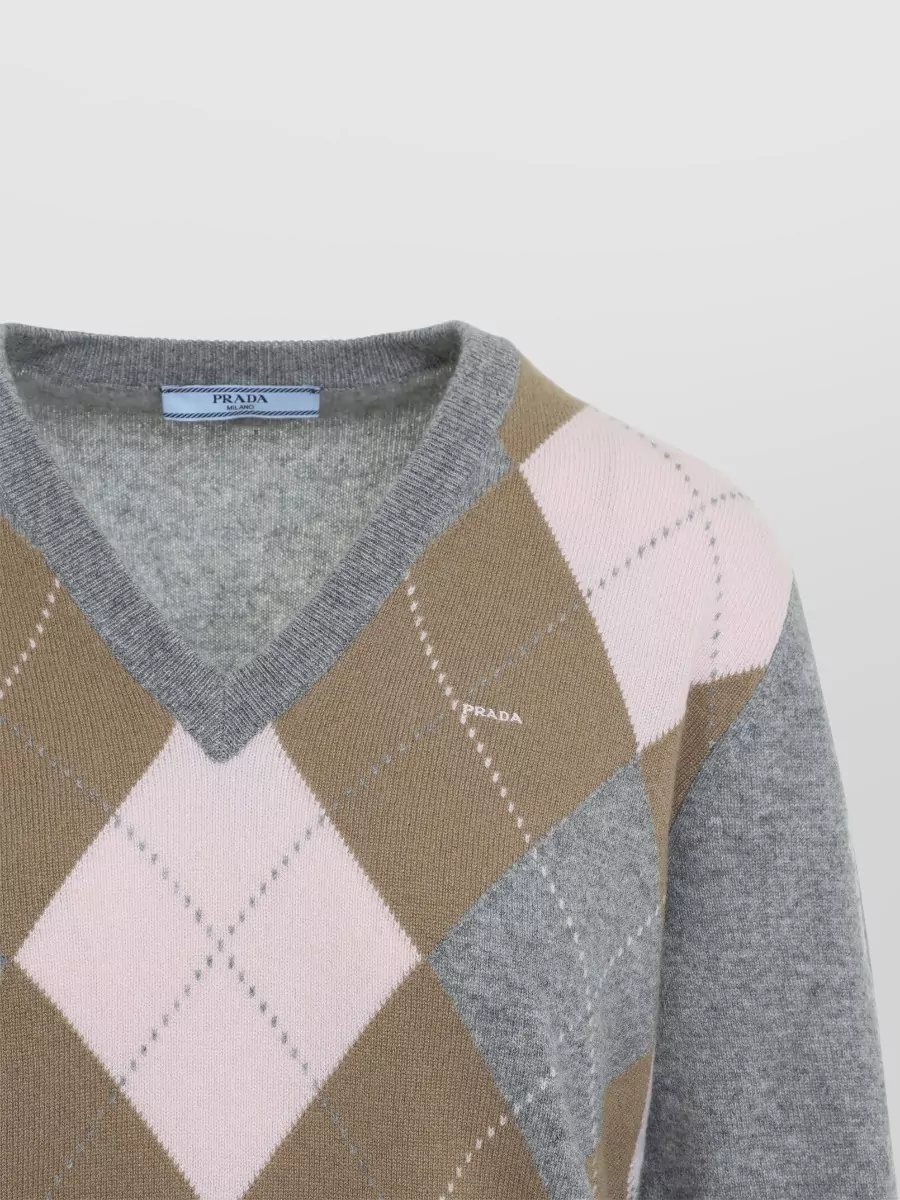 Prada Cashmere Argyle V-Neck Sweater