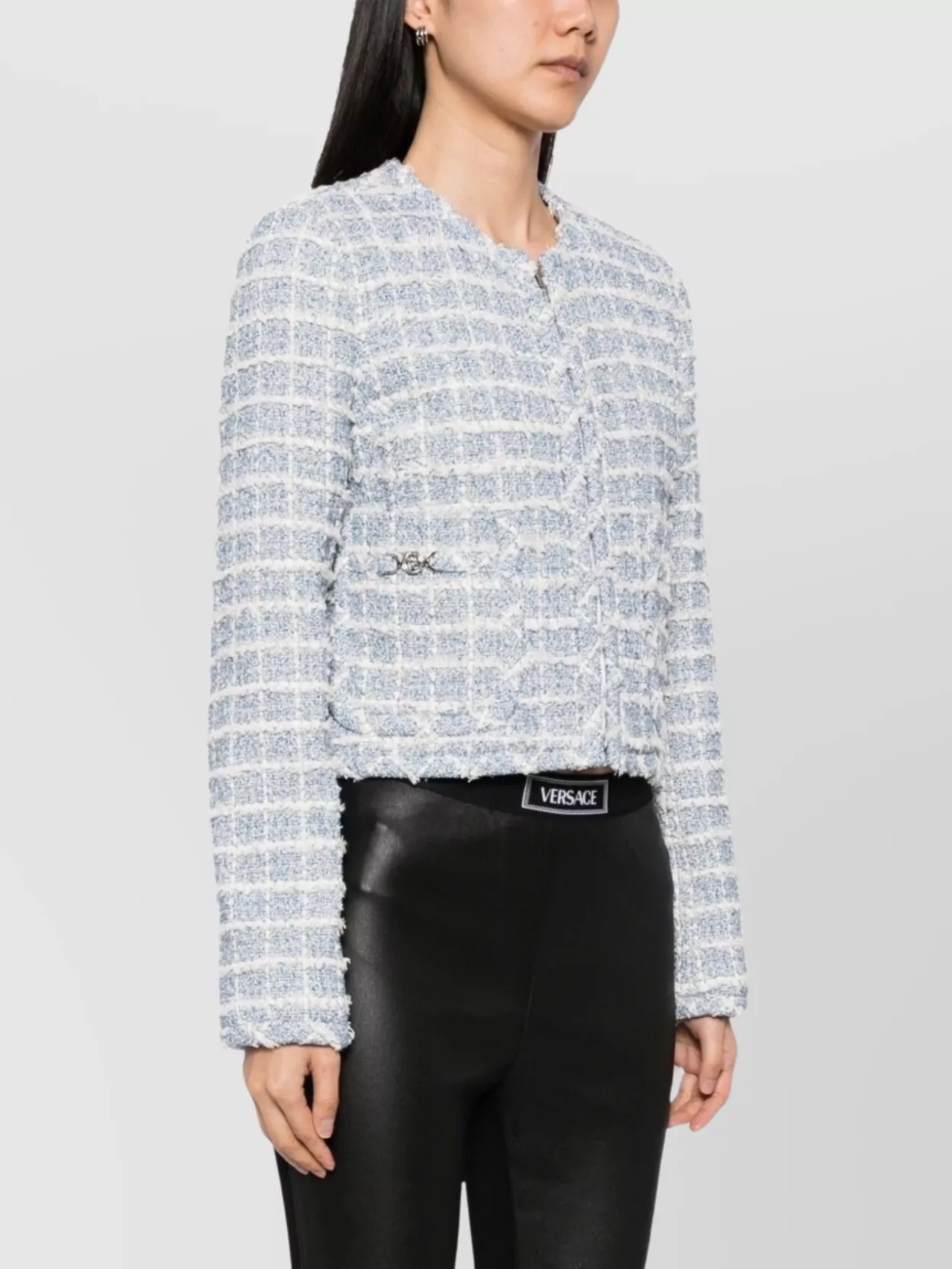 Versace Tweed Jacket With Frayed Edges And Pockets