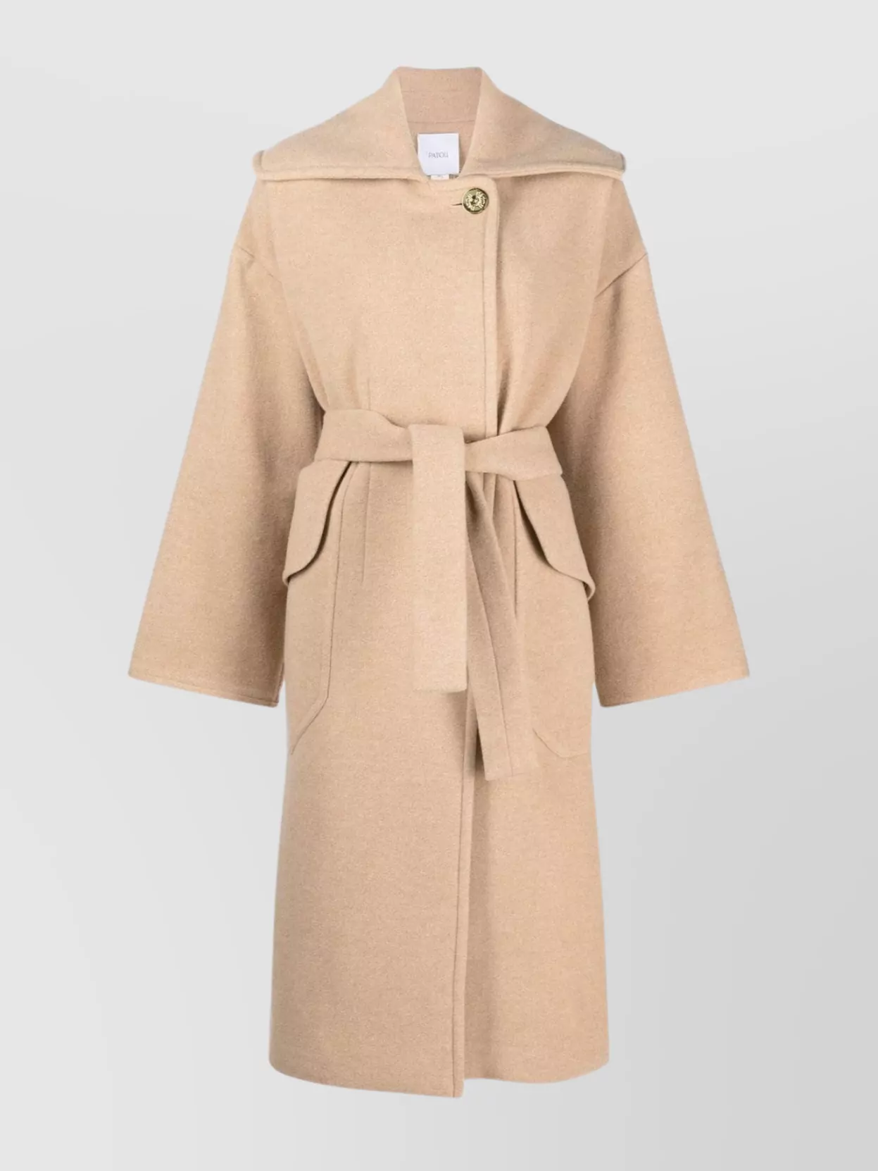 Shop Patou Maxi Waist Belted Coat With Gold Buttons In Beige