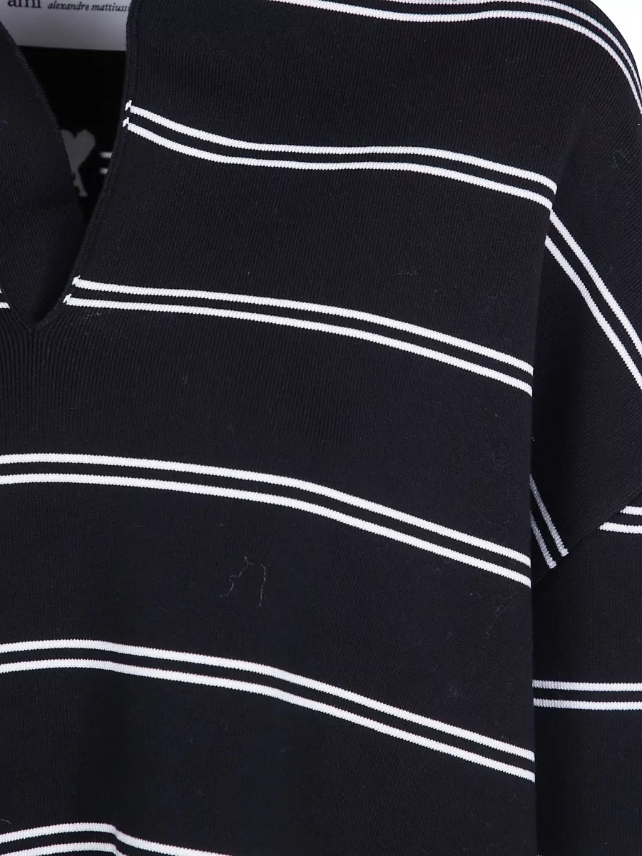 Ami Paris Striped Long-Sleeve Polo Top