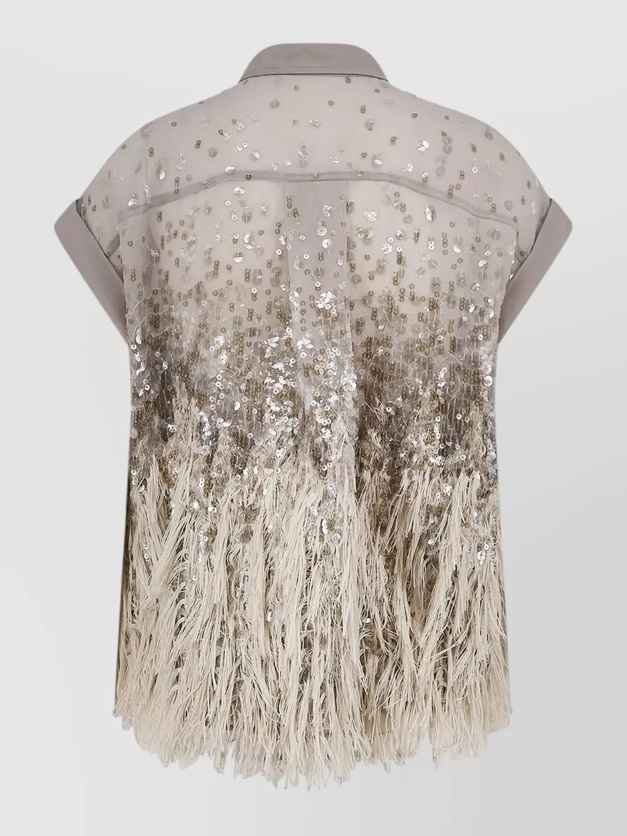 Brunello Cucinelli Silk Sequin Fringe Short-Sleeve Shirt