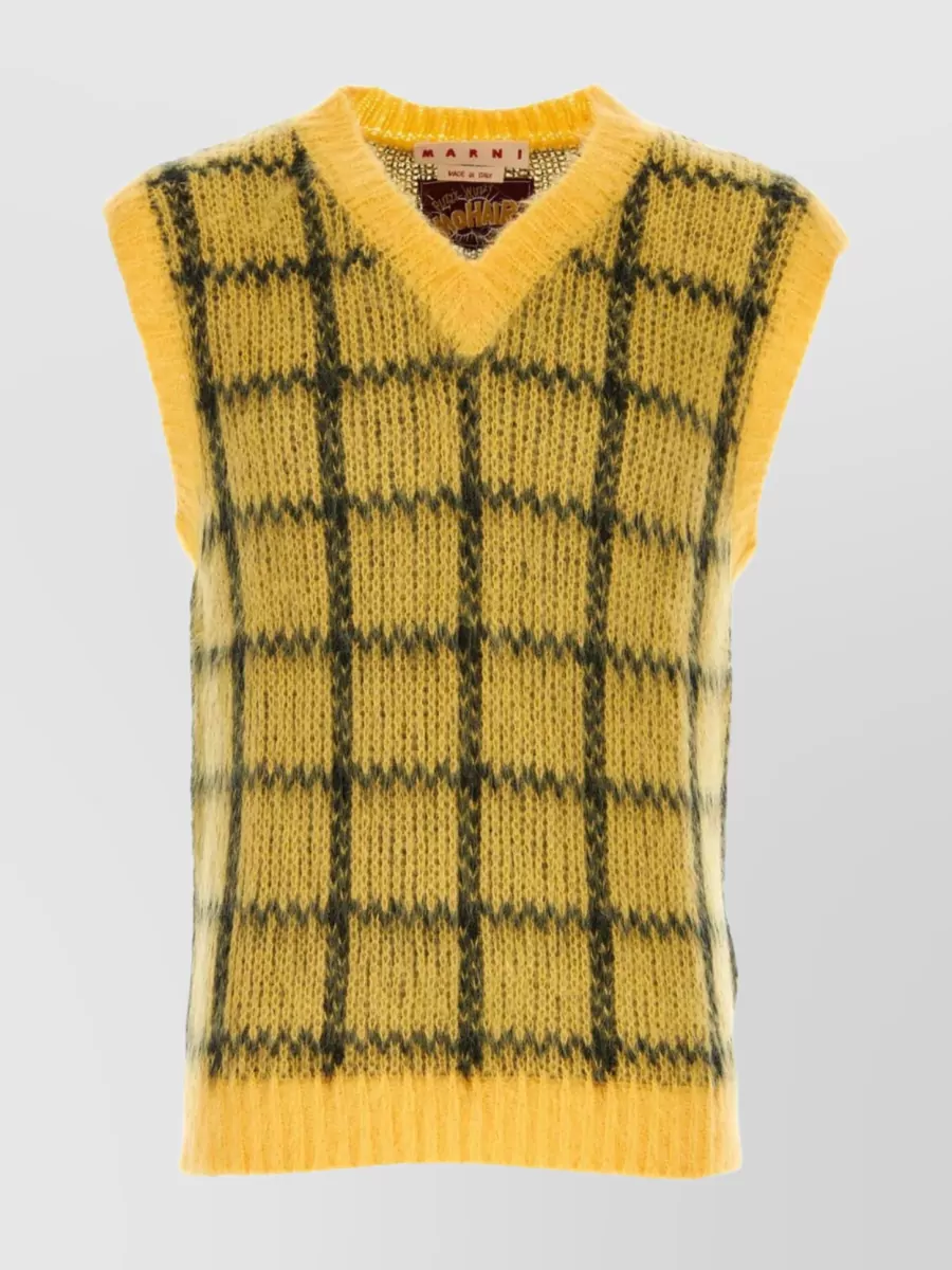 Shop Marni Check Embroidered Sleeveless Gilet In Yellow