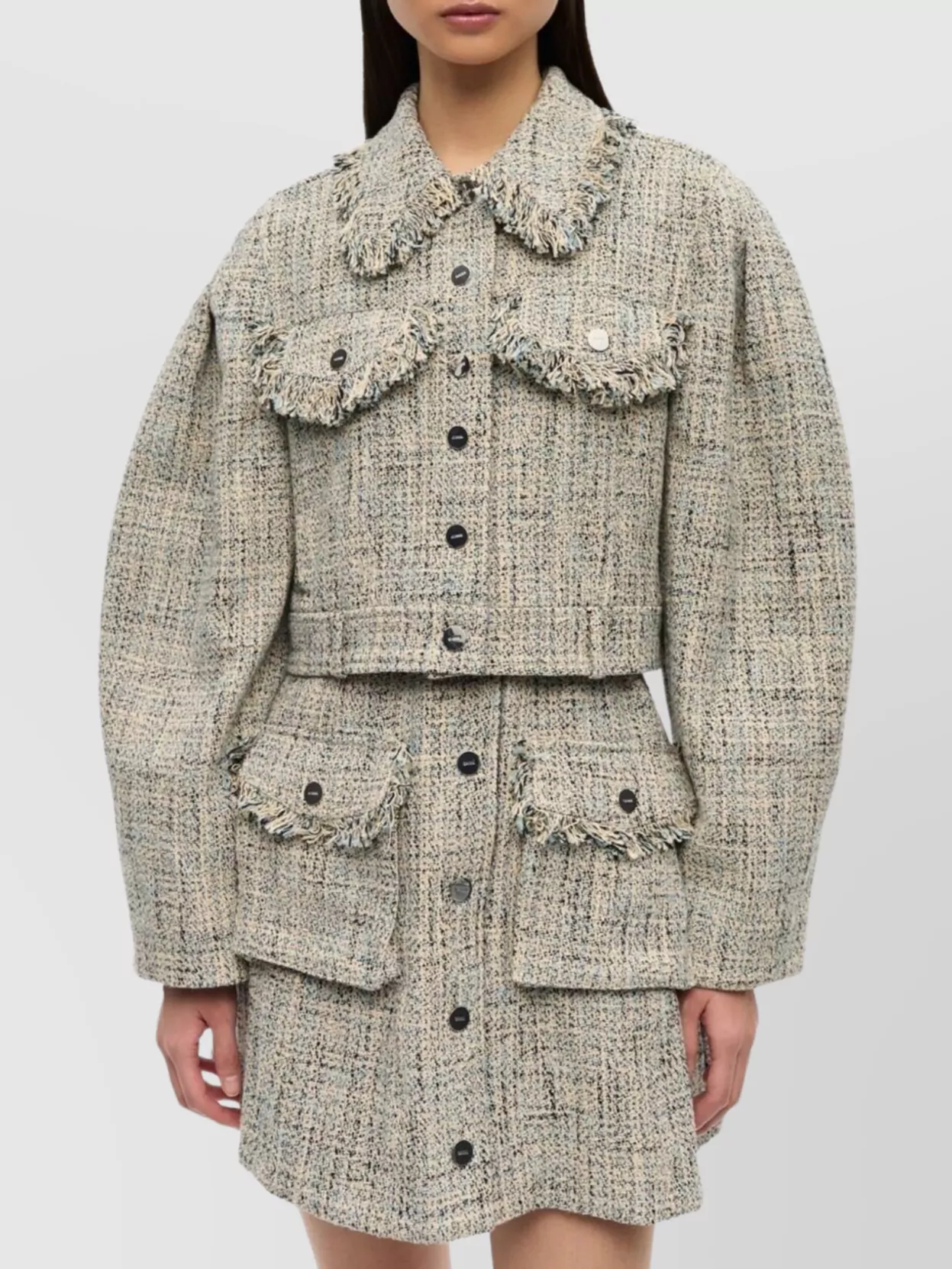 Ganni Tweed Jacket Short Fringe Detailing