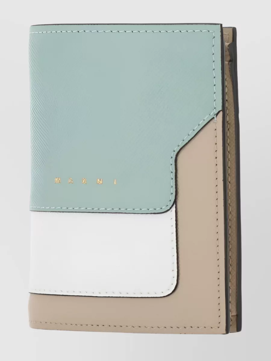 Shop Marni Calf Leather Color-block Bi-fold Wallet In Cyan