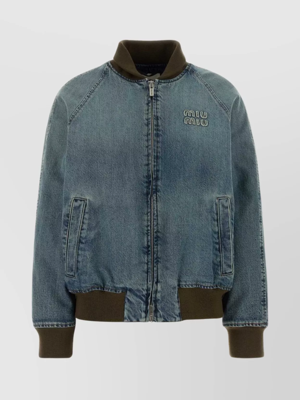 Miu Miu Denim Bomber Jacket With Ribbed Cuffs And Hem In Blue