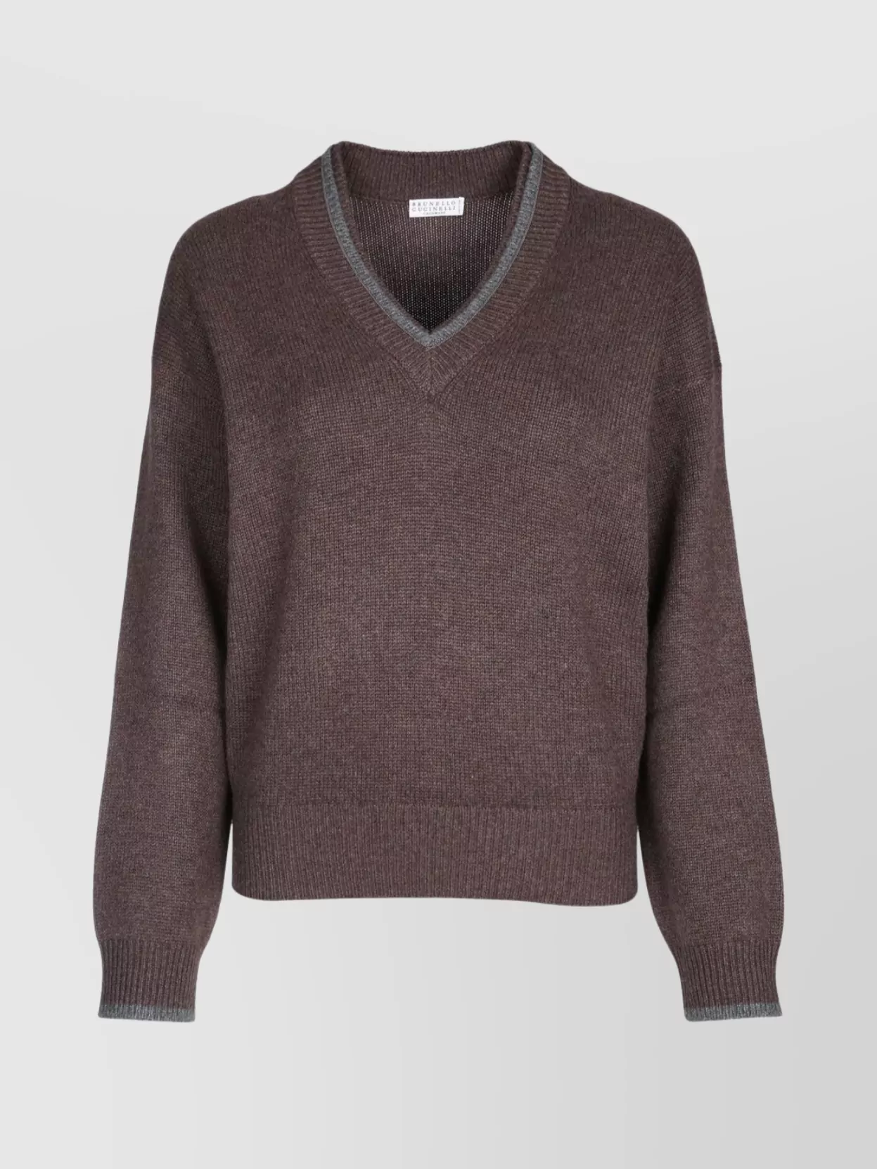 Brunello Cucinelli Ribbed V-neck Top Contrast Trim In Brown