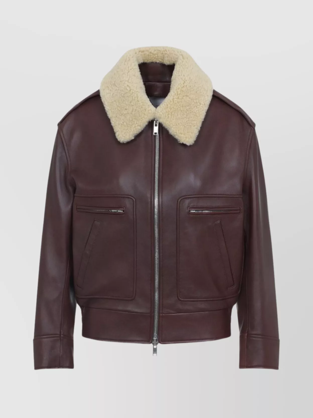 Bottega Veneta Brown Shearling Coat With Removable Fur Collar And Front Zip Closure In Leather Woman In Burgundy