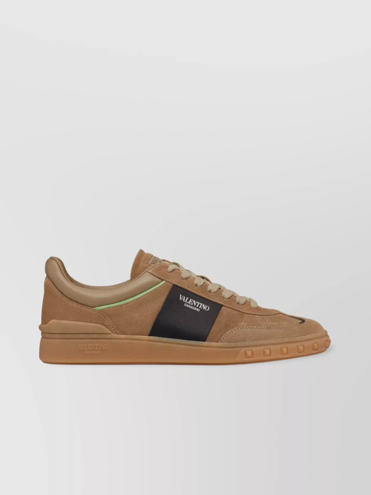 Shop Valentino Suede Round Toe Sneakers With Rockstud Detailing In Brown