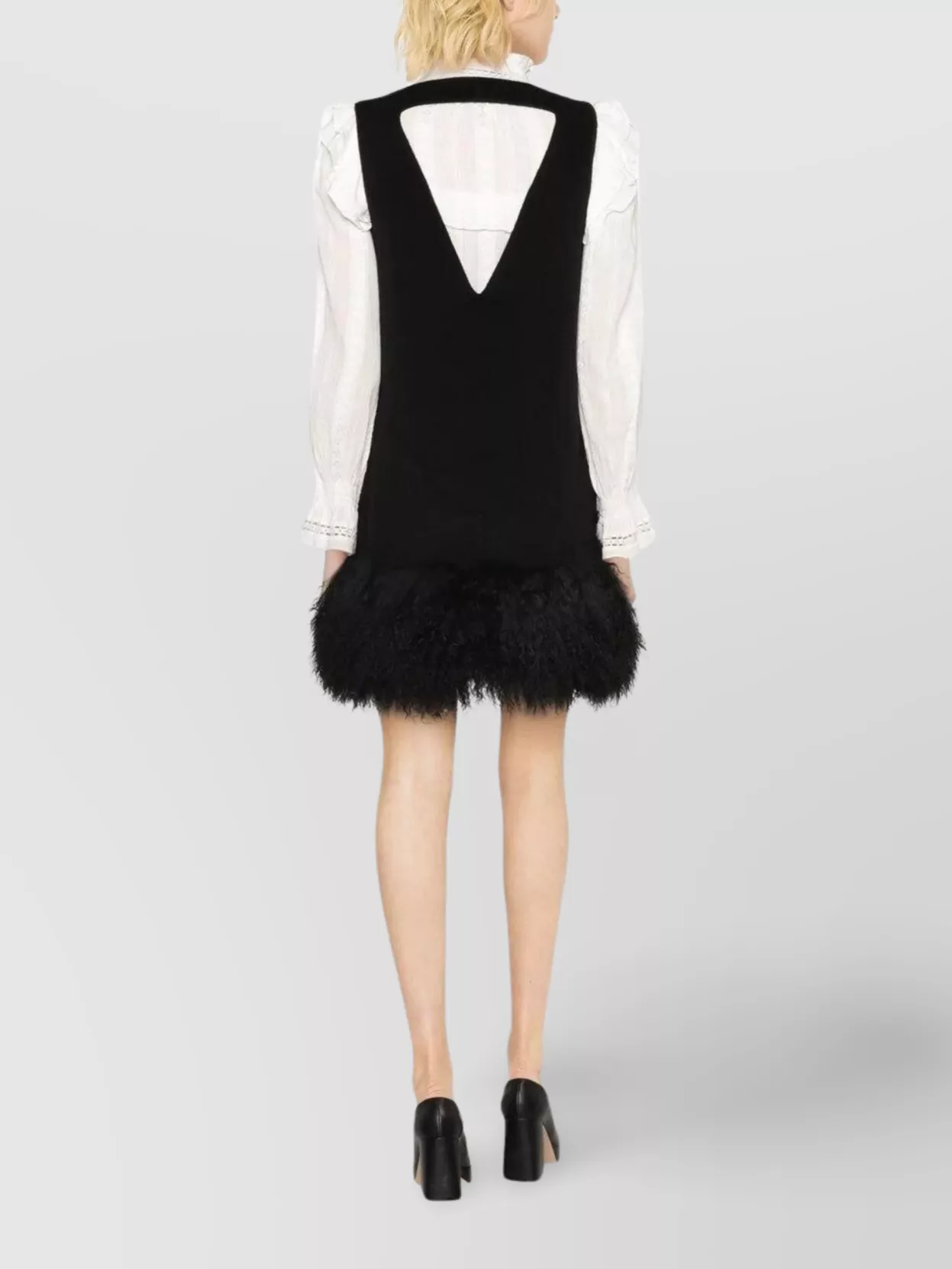 Parosh Shearling Trim Sleeveless V-Neck Minidress