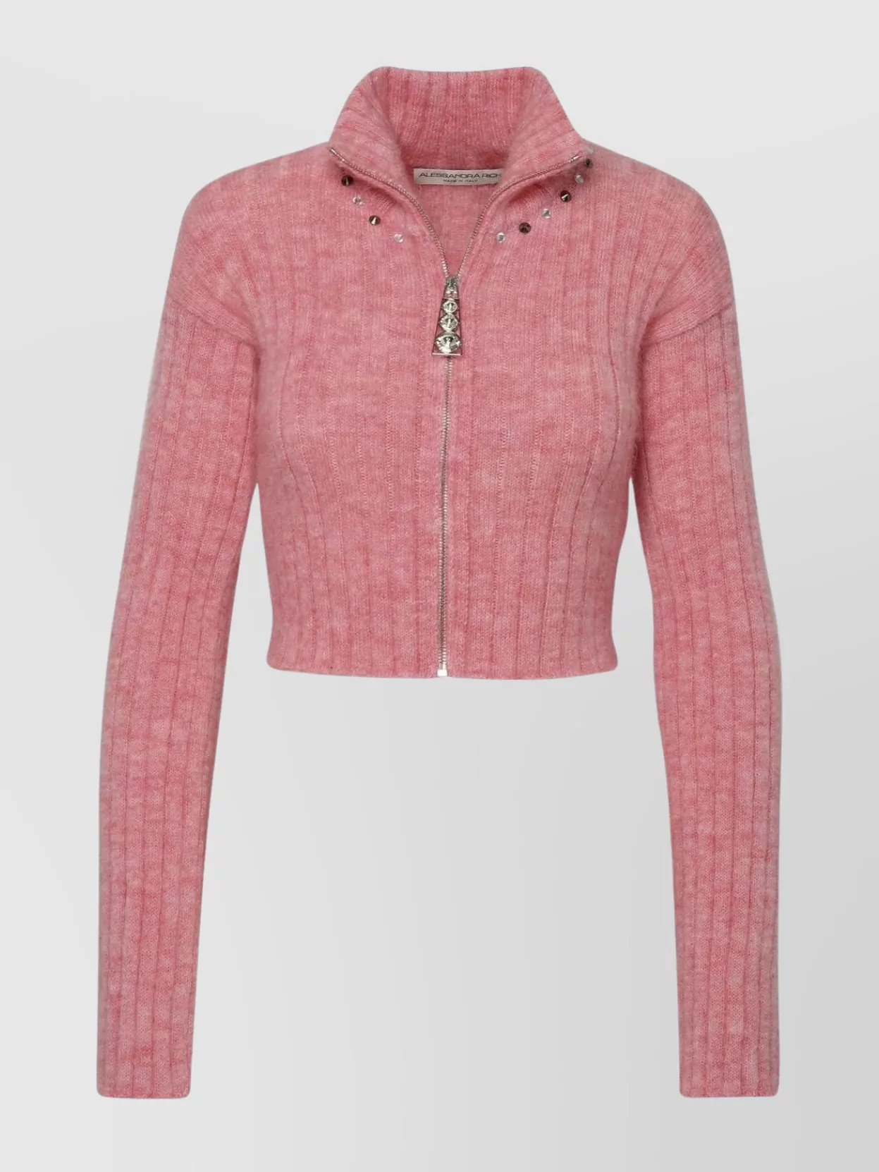 Alessandra Rich Short Wool Blend Sweater With Decorated Collar In Pink