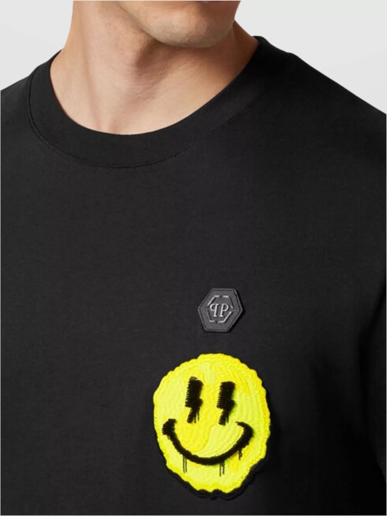 Philipp Plein Crew Neck Smiley Face Patch T-Shirts