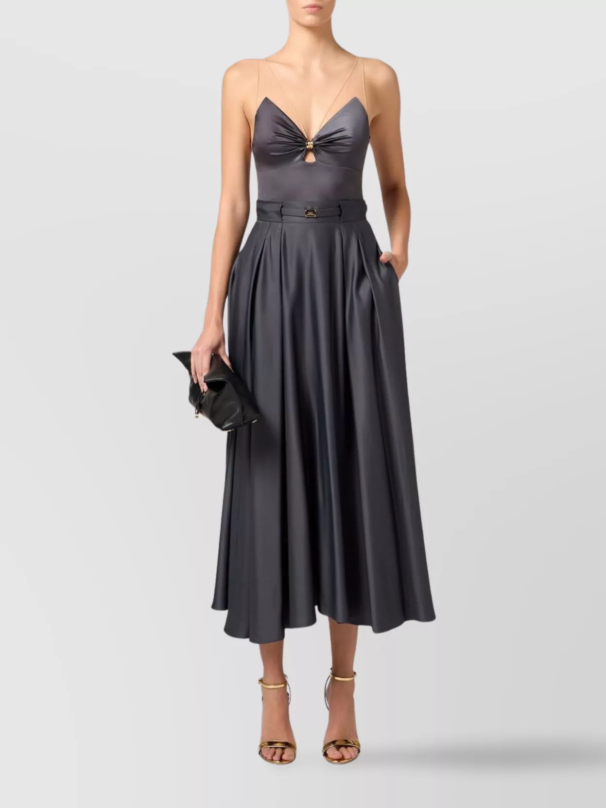 Elisabetta Franchi Bow V-neck Bodysuit Tulle Detailing In Black