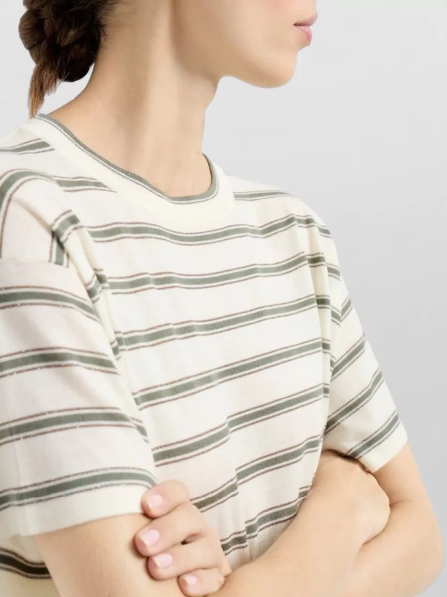 Brunello Cucinelli Short Sleeve Striped Wool Crewneck Sweater