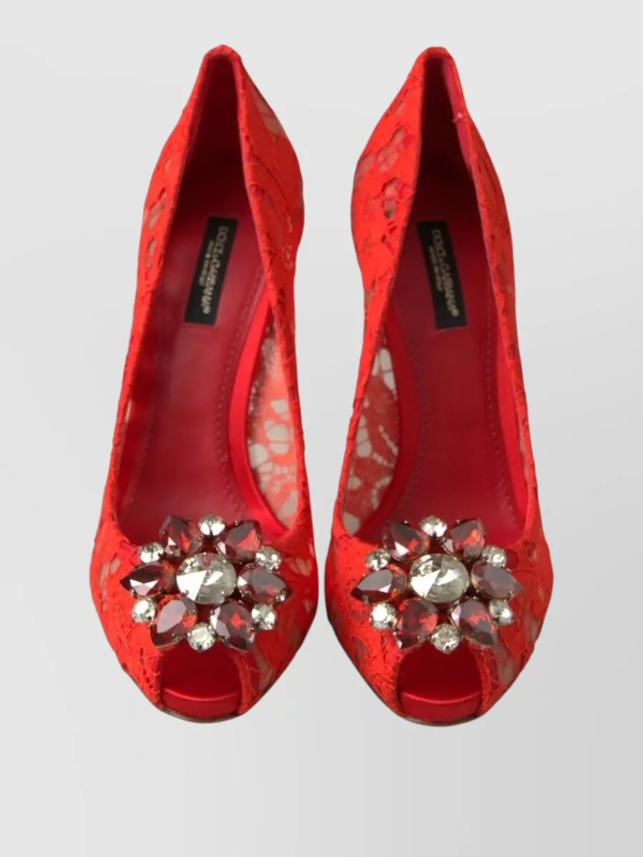 Dolce&Gabbana Silk Lace Crystal-Embellished Peep-Toe Pumps