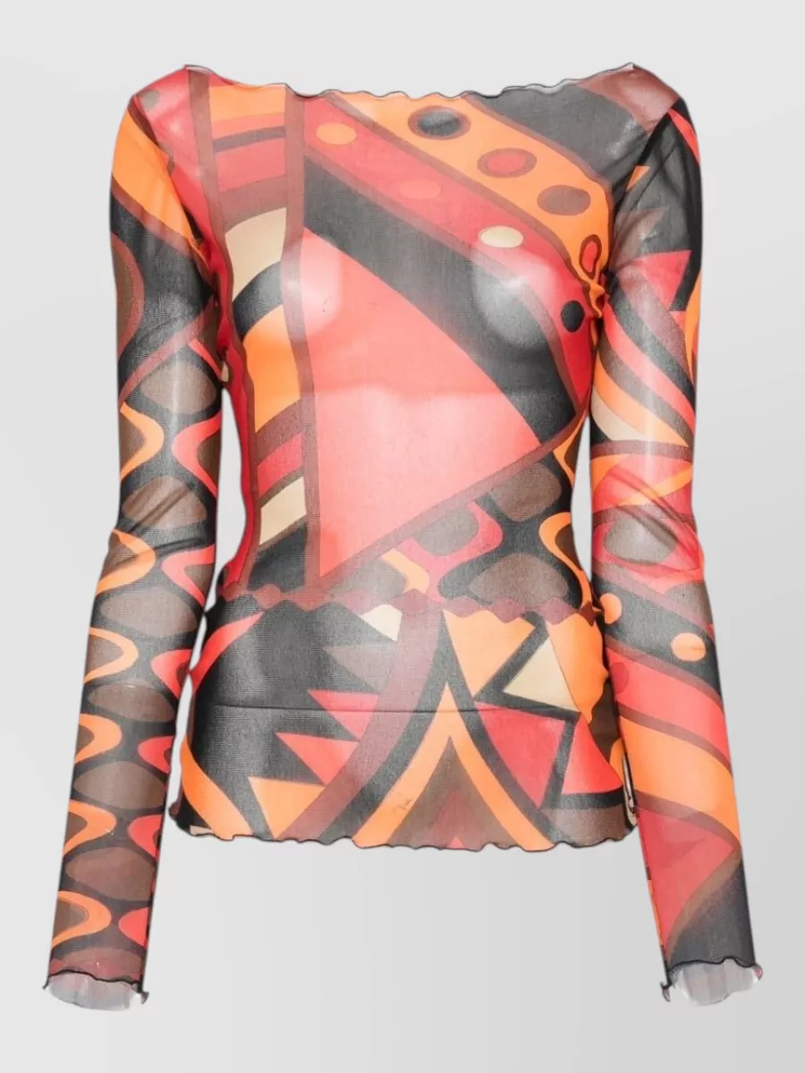 Pucci Printed mesh boat neck long-sleeve top