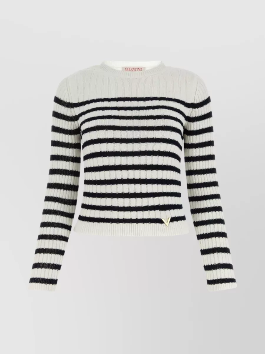 Shop Valentino Striped Embroidered Knit Crew Sweater In Black