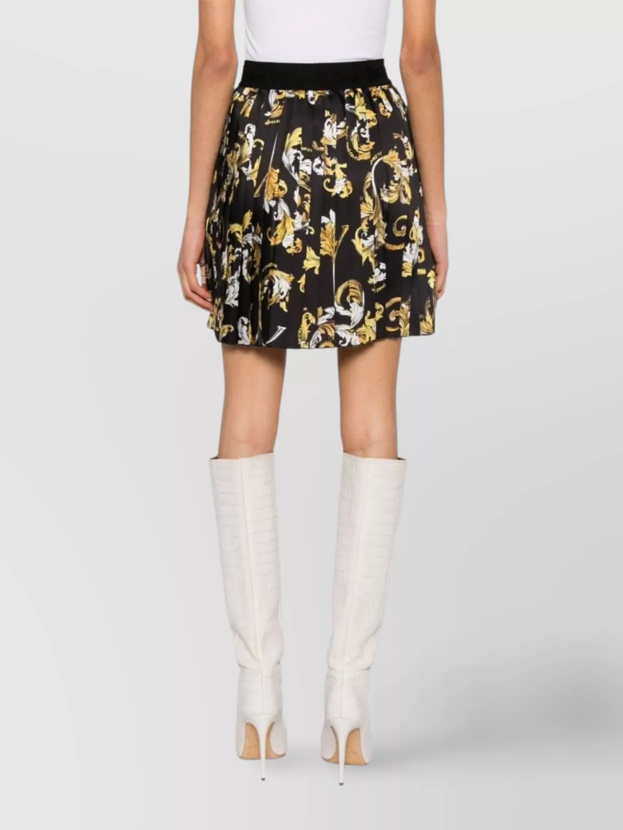 Versace Jeans Couture Logo Waistband Pleated Floral Skirt In Black