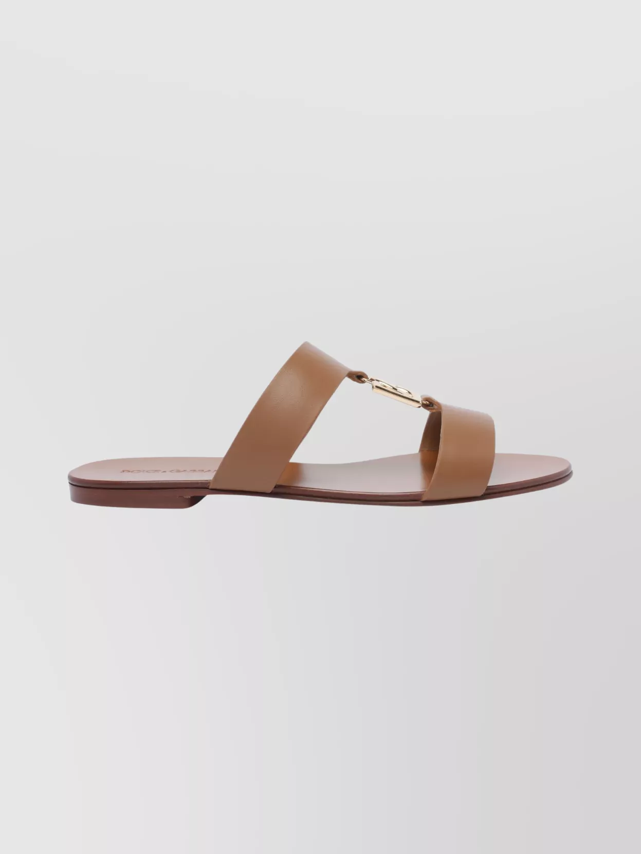 Dolce & Gabbana Round Toe Open Sandals With Golden Logo In Brown
