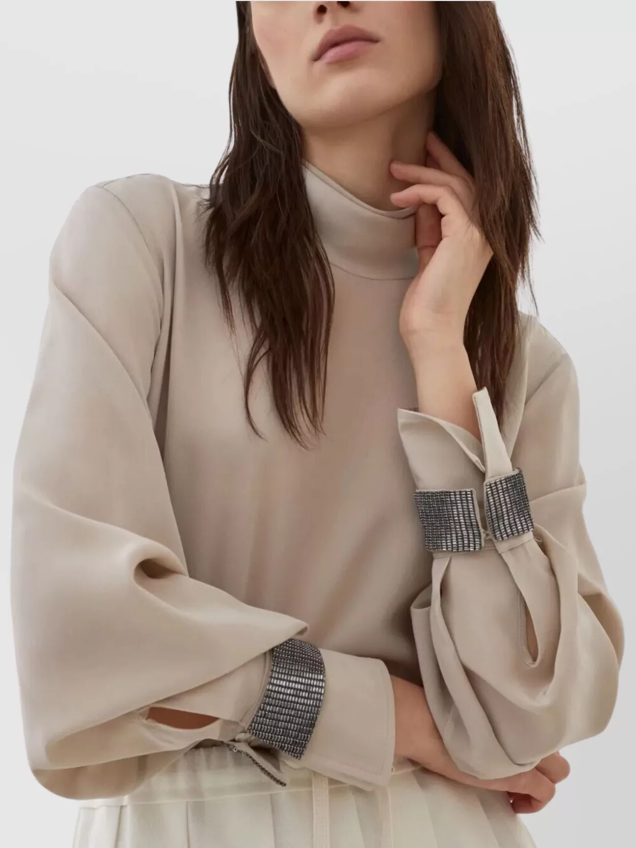 Brunello Cucinelli Embellished Cuffs High Neck Blouse In Neutral
