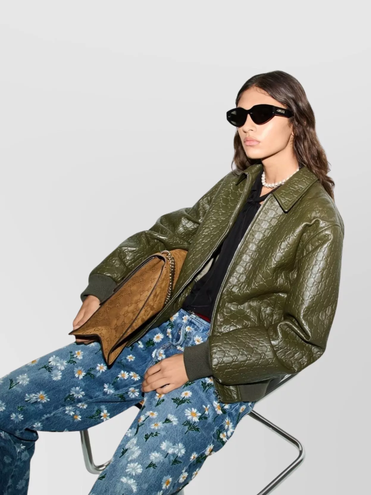 Gucci Embossed Gg Leather Bomber Jacket