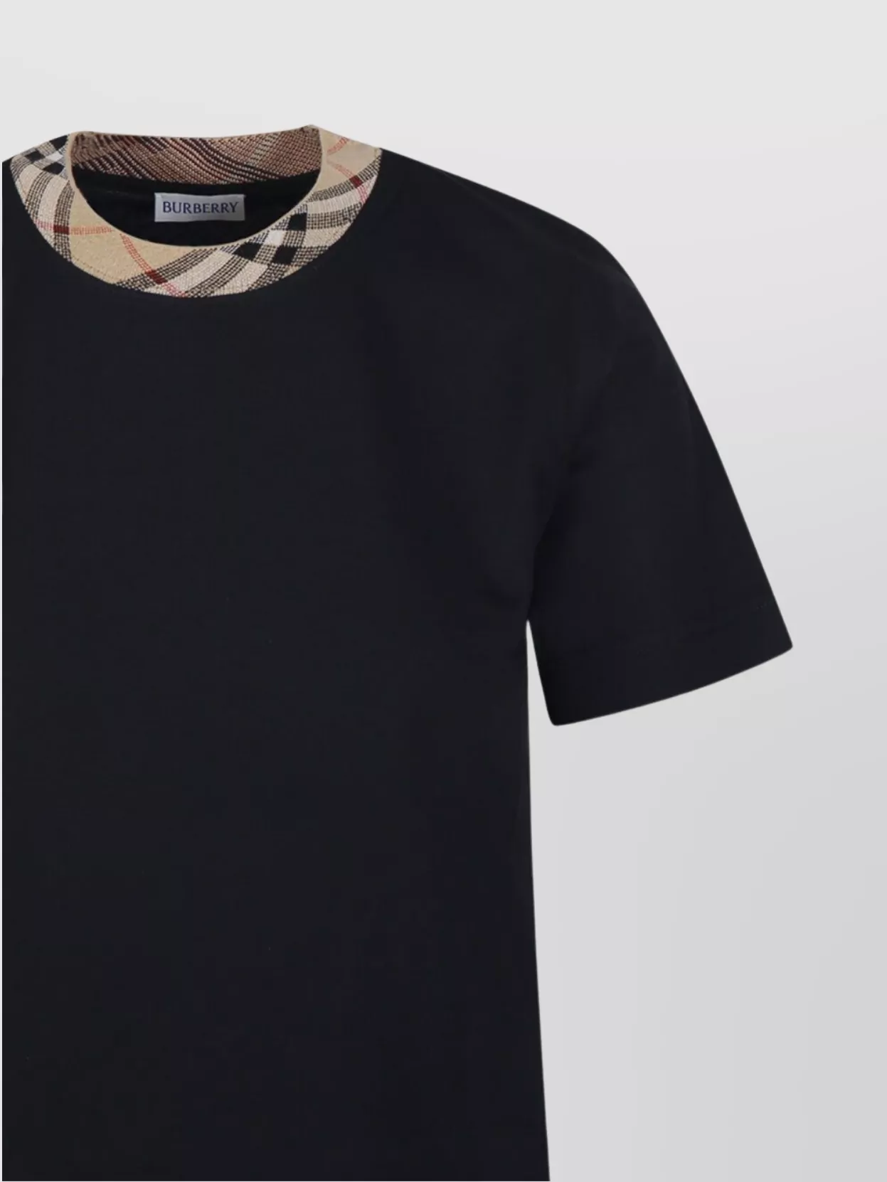 Burberry Black Crewneck T-shirt With Ckeck Motif On The Collar In Cotton Woman In Black