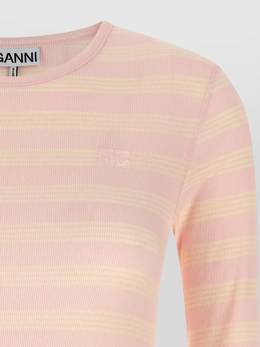 Ganni Crew Neck Striped Knit Long Sleeve Top