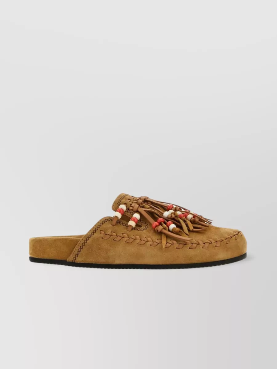 Shop Alanui Mountain Suede Fringed Slippers In Brown