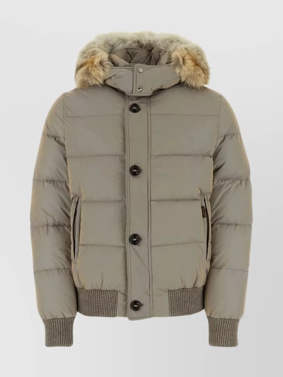 Shop Moorer Nylon Quilted High Neck Jacket With Detachable Fur Hood In Brown