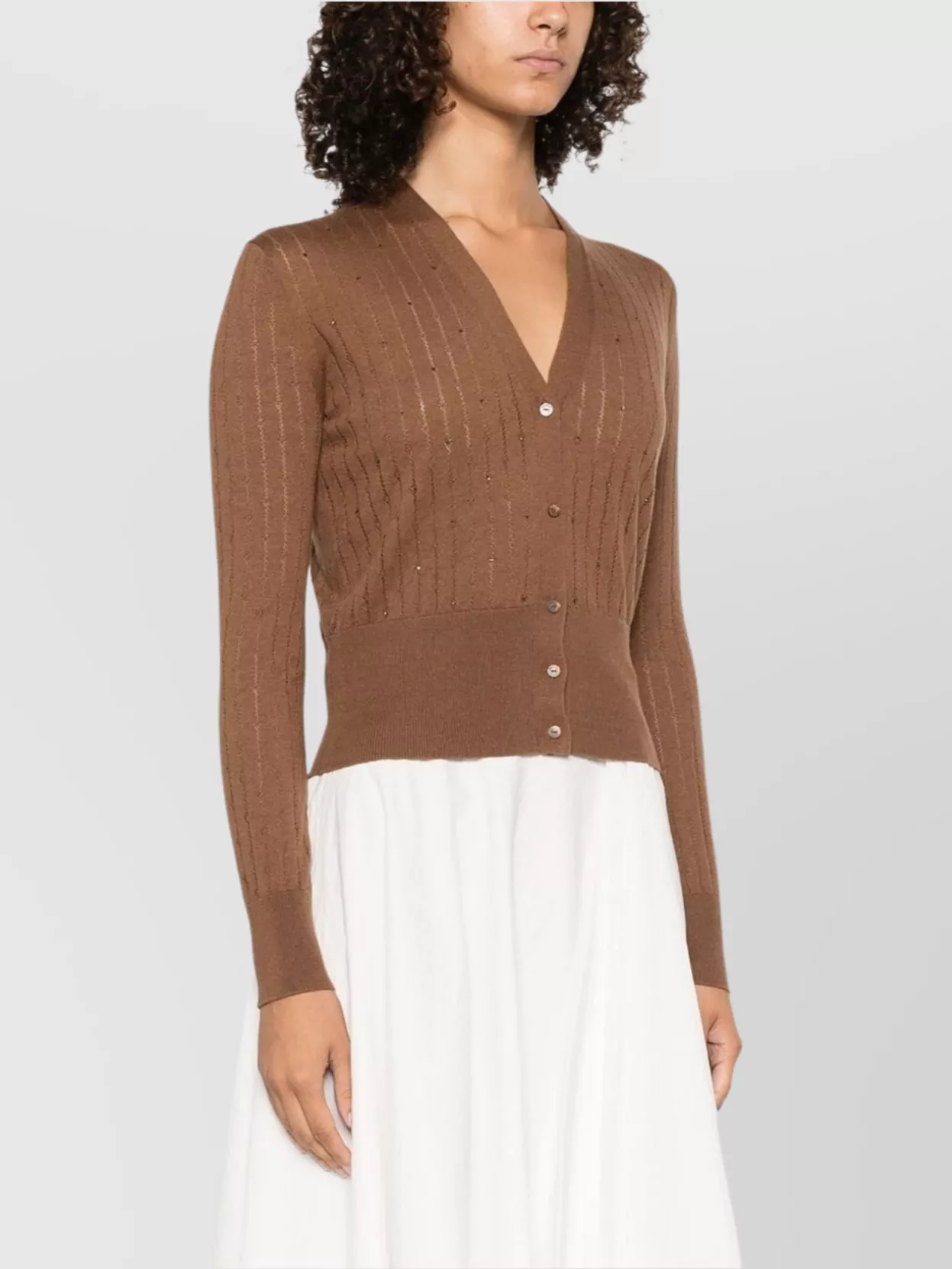 Max Mara Waist Fitted V-neck Ribbed Cardigan In Brown