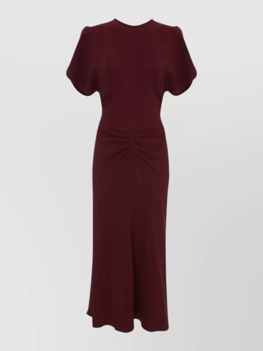 Victoria Beckham Ruched midi dress — The Victoria Beckham deep burgundy midi offers a minimalist, body-skimming silhouette and quiet hardware that harmonise with the Celine clutch’s refined red without competing, while feeling polished for evening.