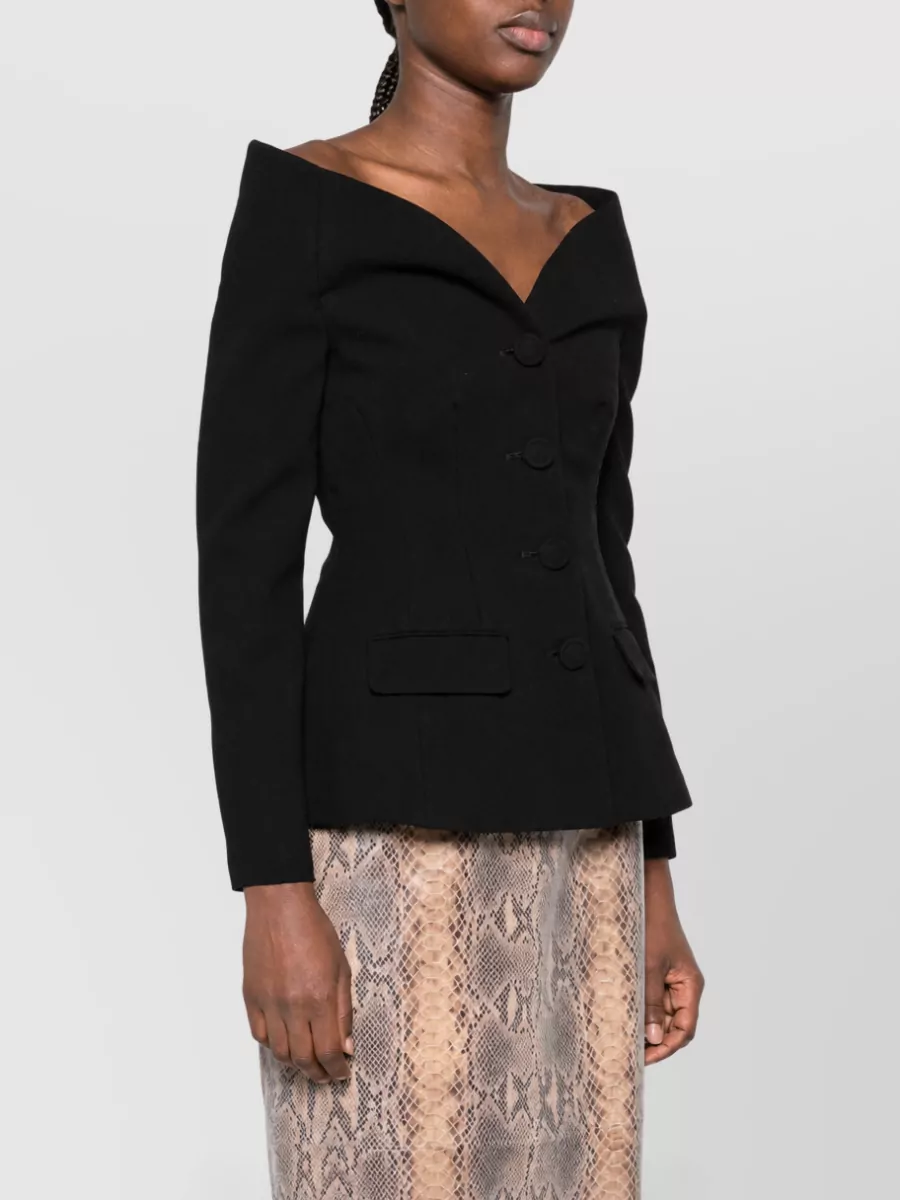 Self-Portrait Wool Off-Shoulder V-Neck Fitted Blazer