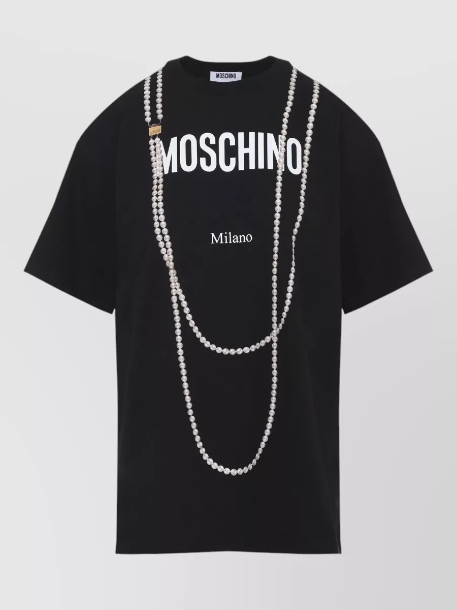 Moschino Crew Neck Graphic T-Shirt Pearl Embellishments