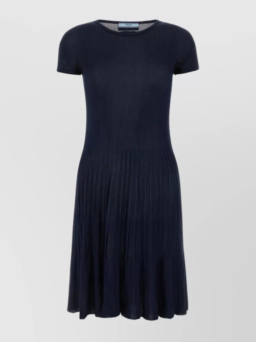 Shop Prada Silk Blend Pleated Dress With Ribbed Texture In Blue