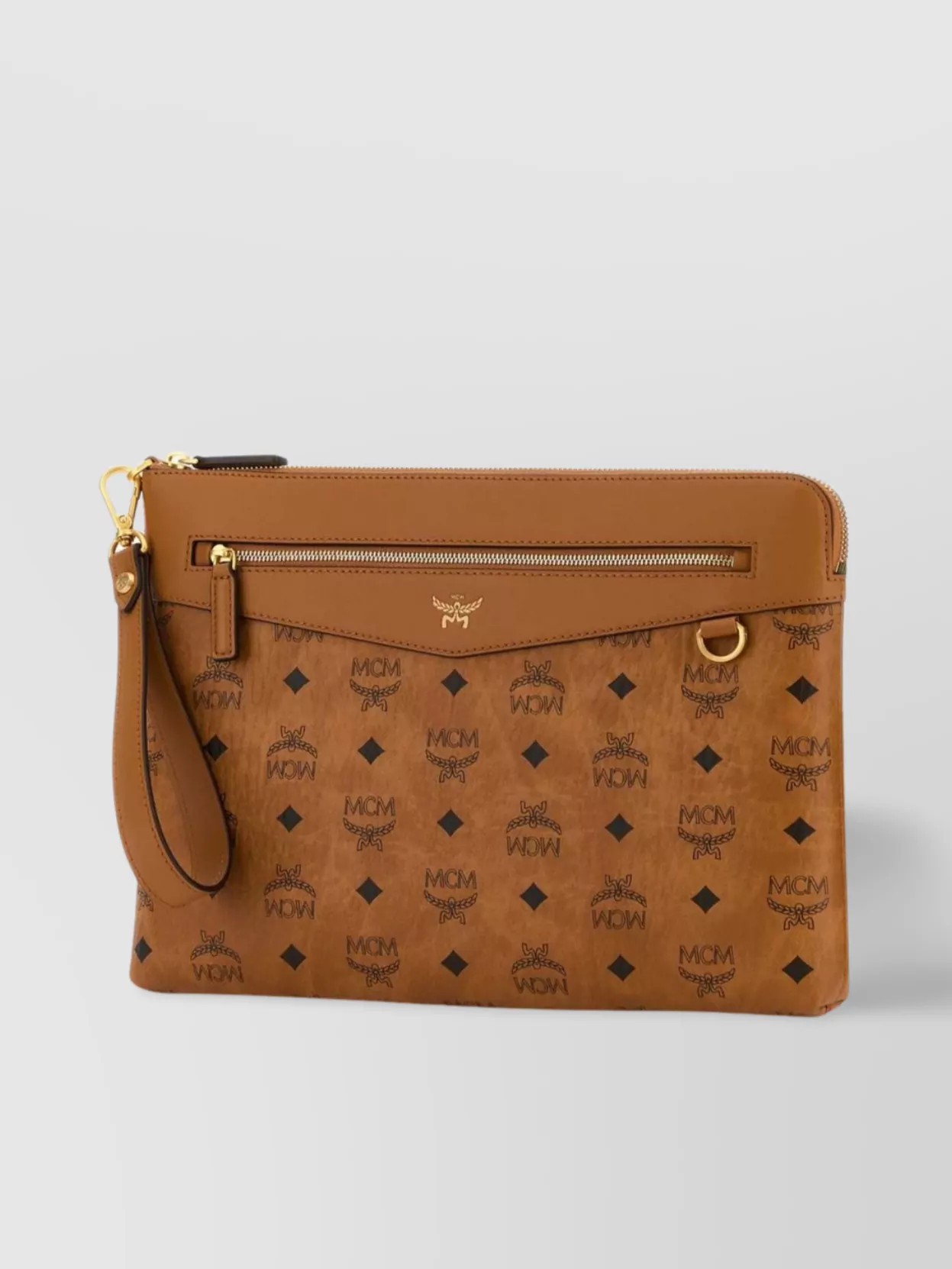 Mcm Canvas Clutch With Wrist Strap And Front Zip Pocket