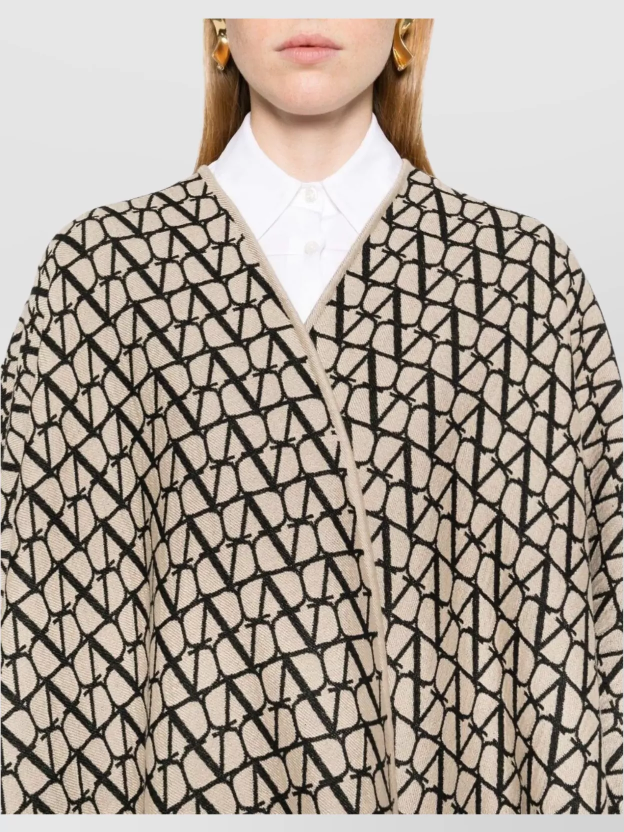 Valentino Fringed Geometric Jacquard Cape Poncho