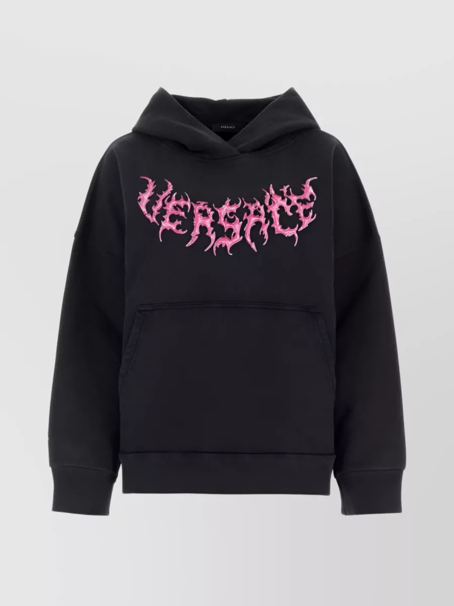 Shop Versace Cotton Jersey Hoodie With Flamingo Logo In Black
