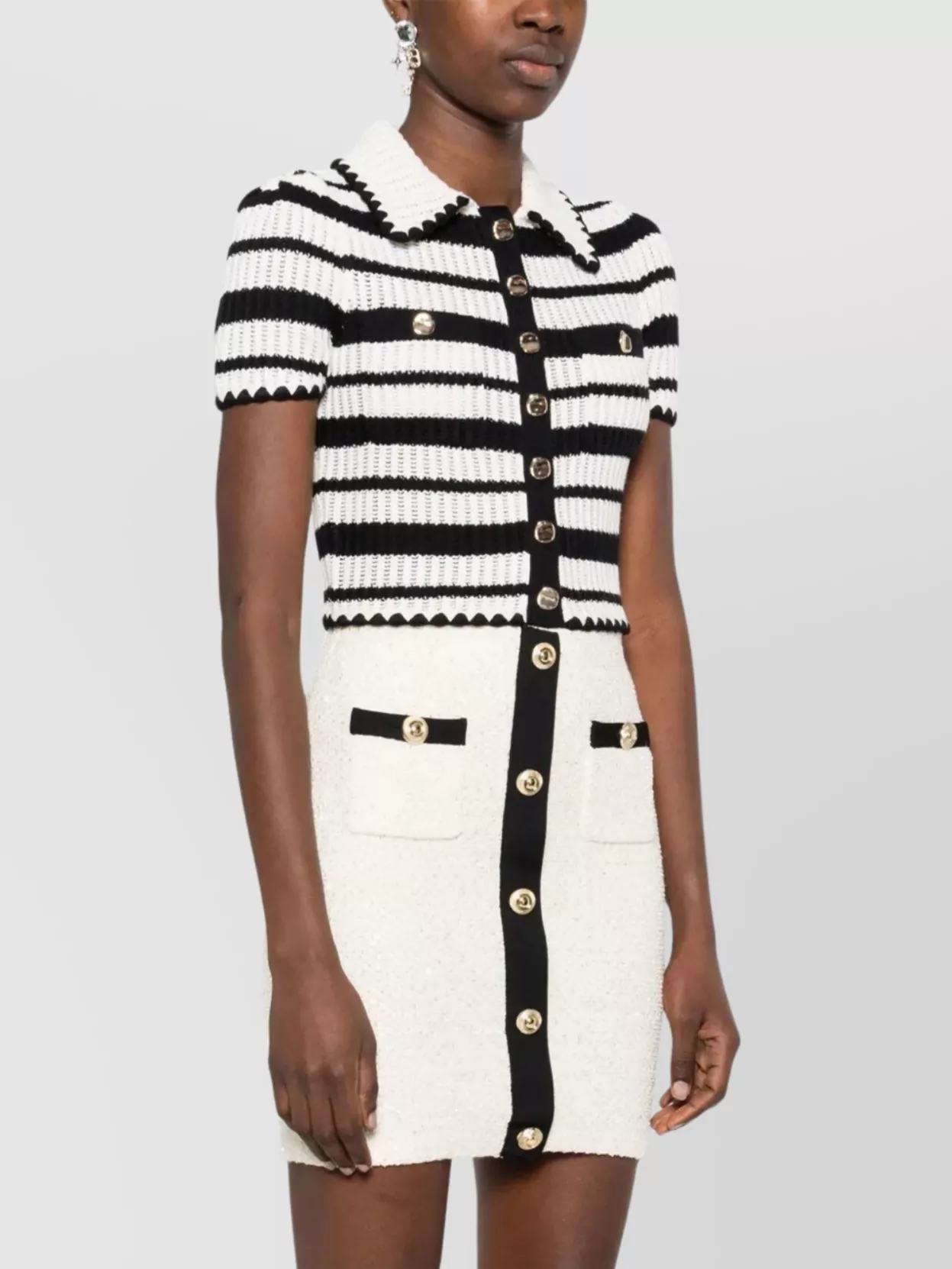 Shop Self-portrait Cropped Striped Crochet Top With Ribbed Texture