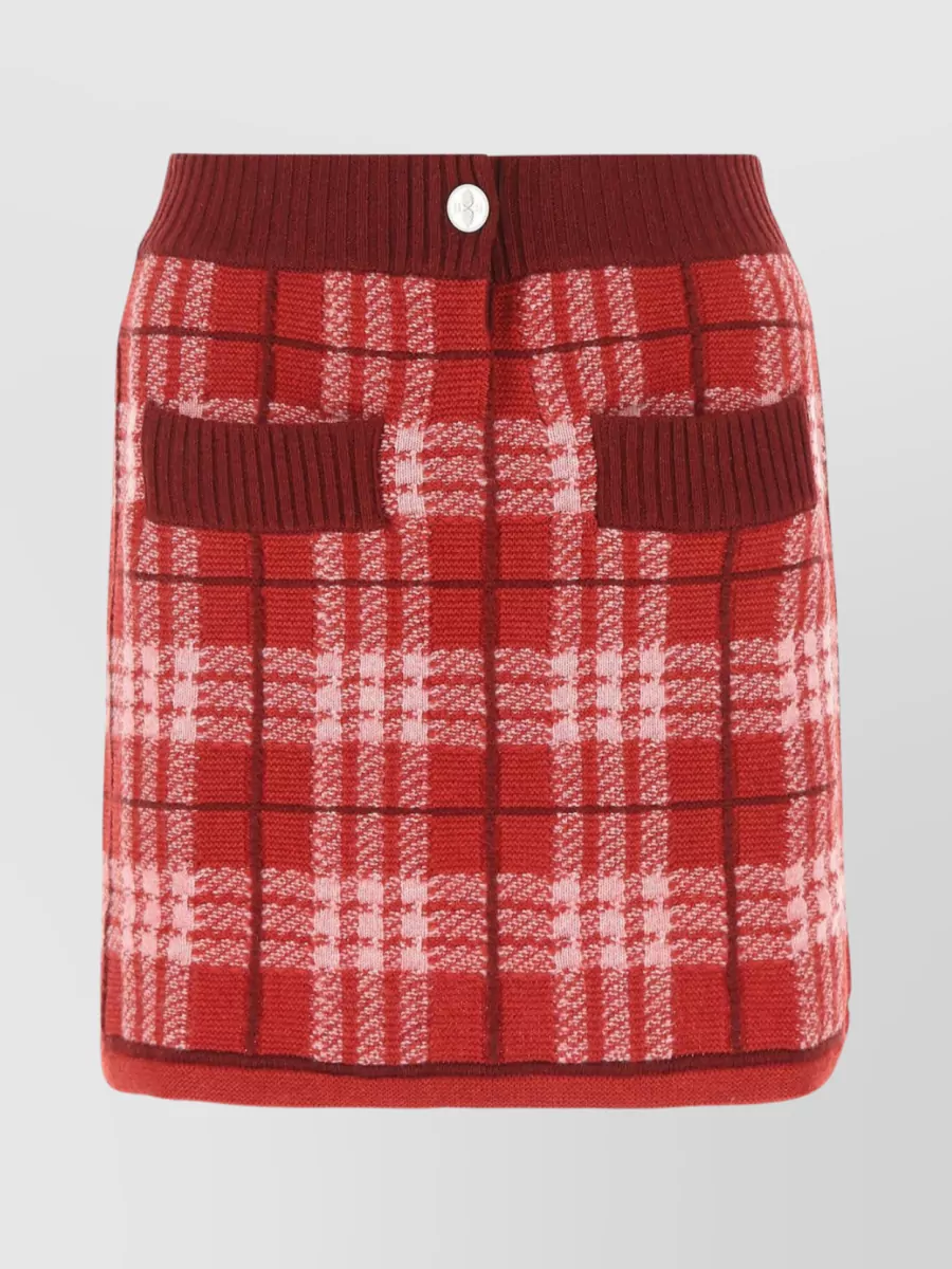 Shop Barrie Cashmere Mini Skirt With Embroidered Check Detail In Burgundy