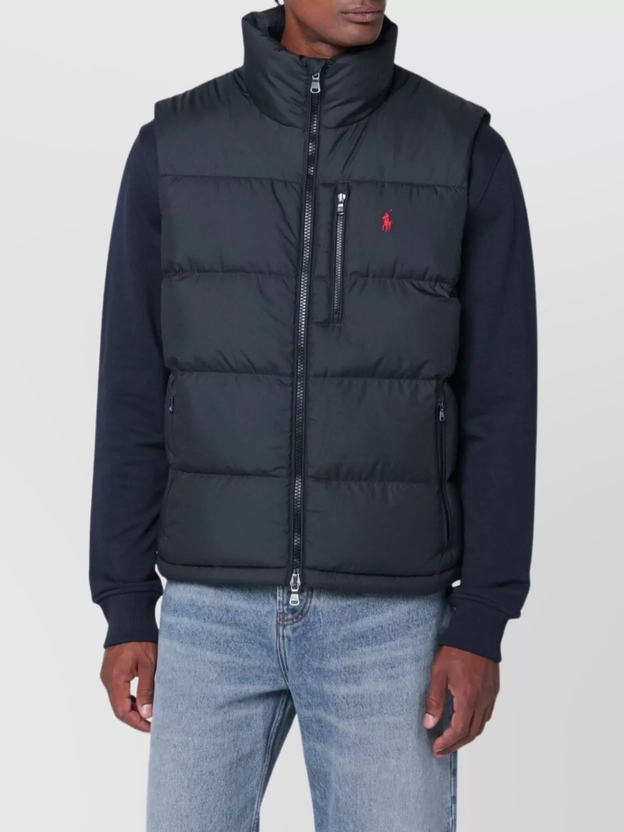 Polo Ralph Lauren Black Vest With High Collar And Double-slider Zipper In Blue