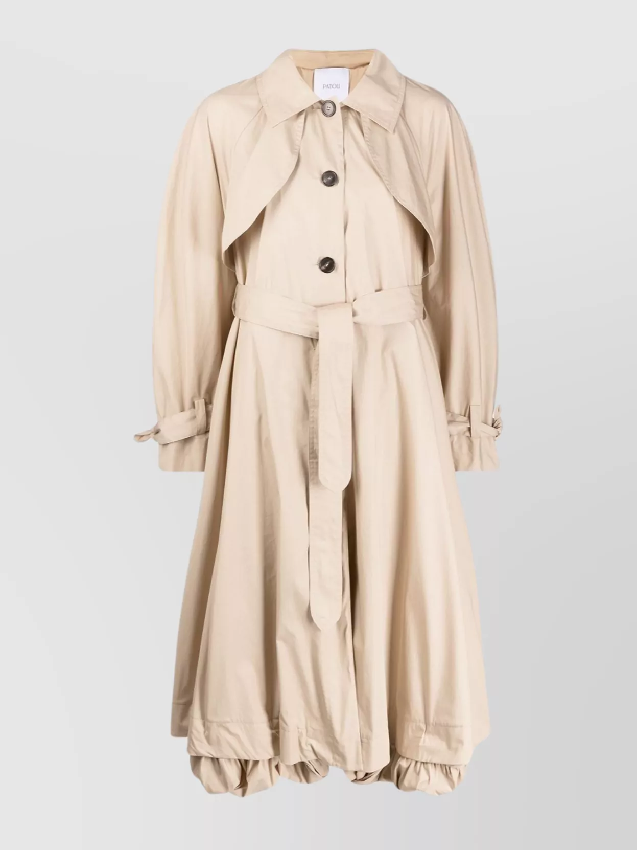 Shop Patou Waist Belted Flared Mid-length Tie Cotton Blend Coats In Cream