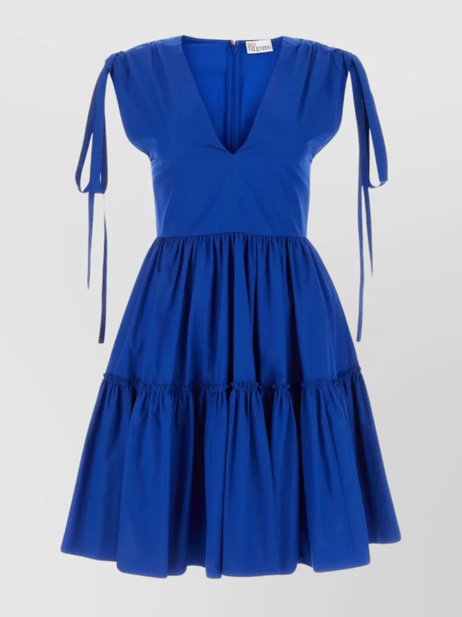 Shop Red Valentino Gathered Waist V-neck Cotton Dress In Blue