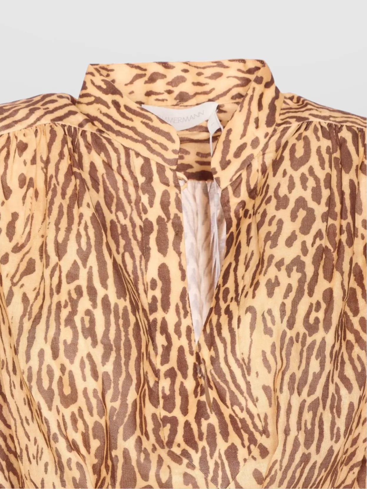 Zimmermann Cascadian Beige Tunic Dress With Stand-up Collar And All-over Leopard Print In Linen Woman In Brown