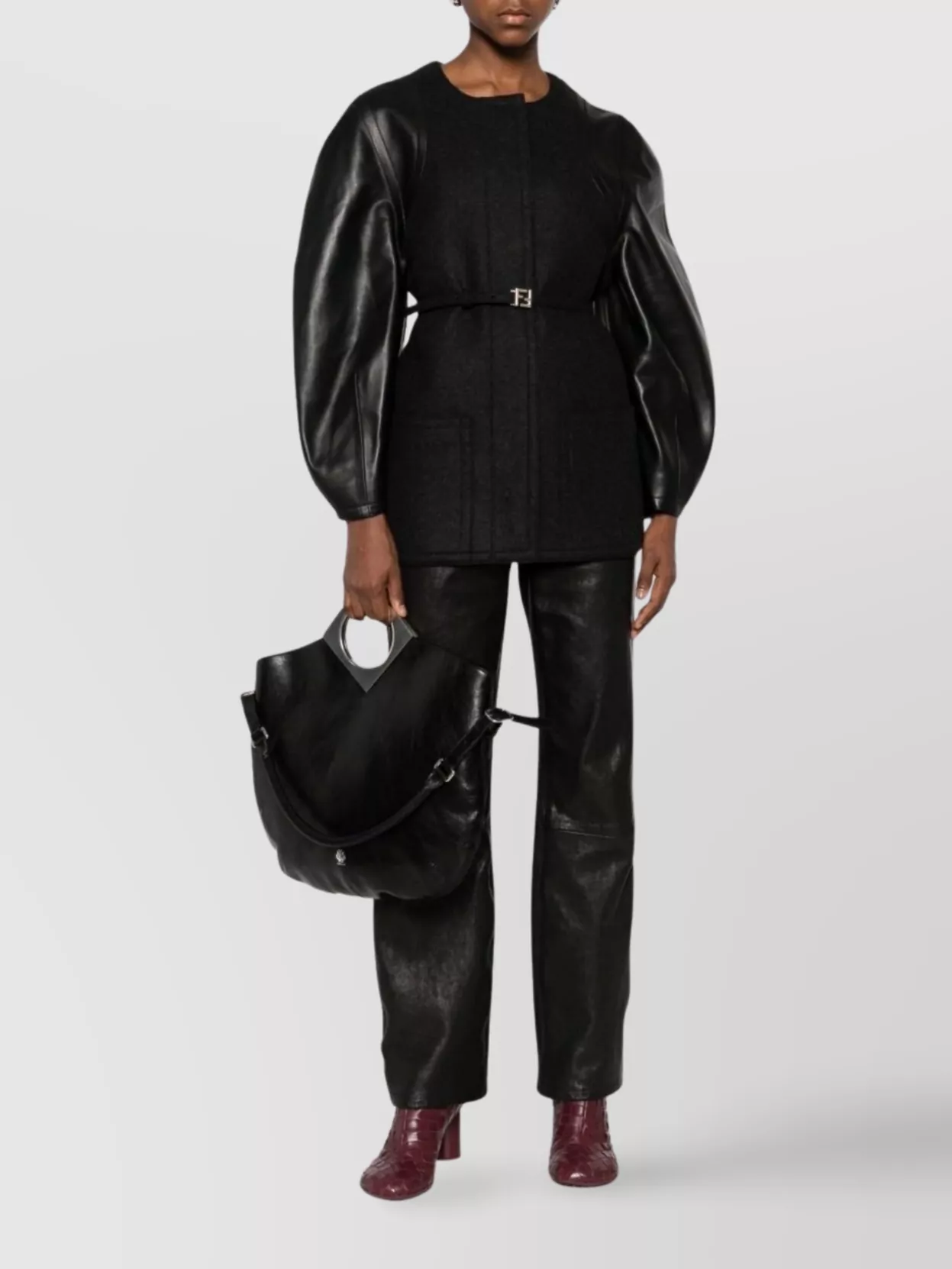 Fendi Midi Coat With Leather Sleeves And Belt In Multi