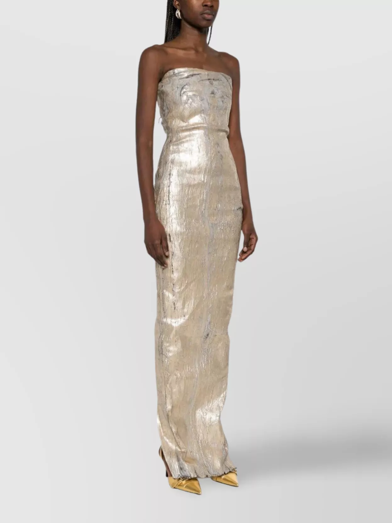 Rick Owens Strapless Denim Gown Metallic Finish